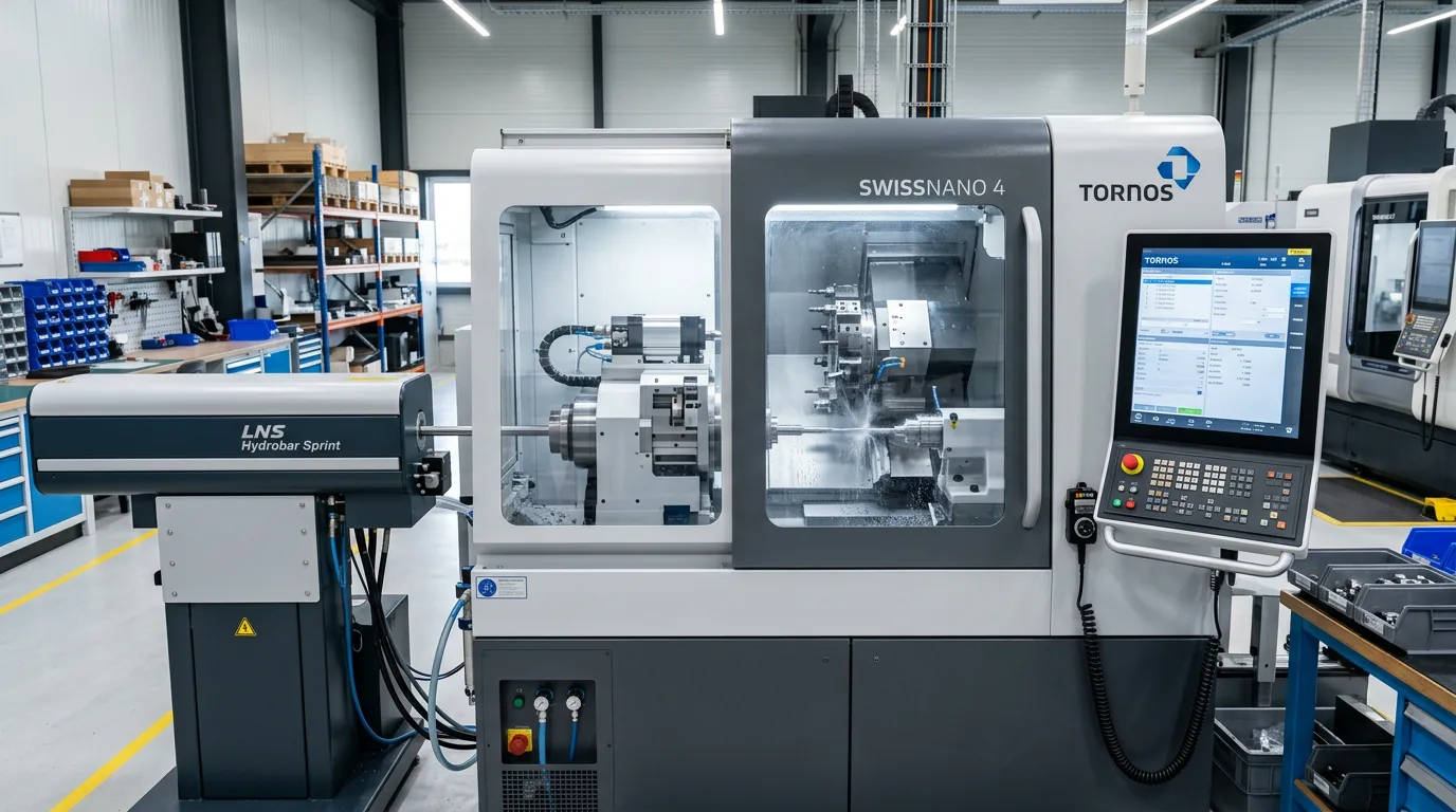 Swiss-type CNC lathe with sliding headstock and bar feeder in a machine shop