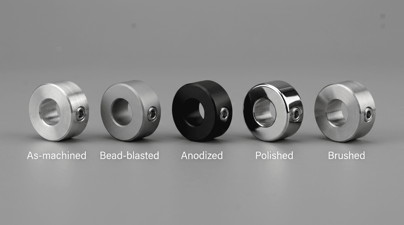 Five shaft collars in as-machined, bead-blasted, anodized, polished, and brushed finishes — surface options for aluminum and steel parts.