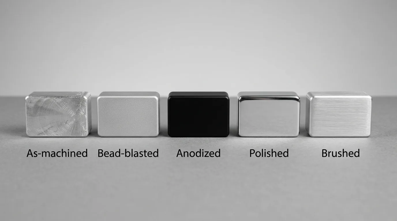 Five rectangular blocks in as-machined, bead-blasted, anodized, polished, and brushed finishes.