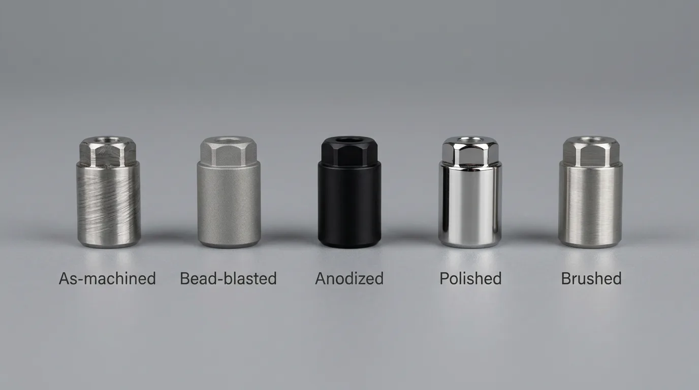 Five metal parts labeled left to right: As-machined, Bead-blasted, Anodized, Polished, Brushed.