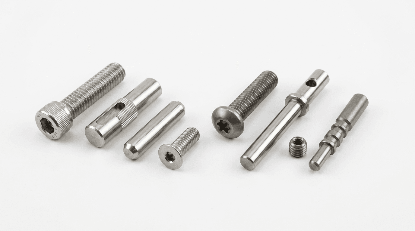 Precision Swiss-turned parts for medical and robotics: bone screw, stainless pins, connector, and encoder shaft