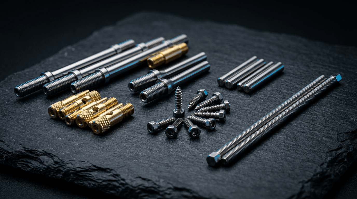 Precision Swiss-turned parts including stainless steel shafts, brass connector pins, titanium bone screws, and threaded components arranged on a dark slate surface
