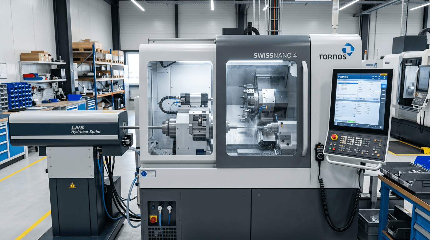 Swiss-type CNC lathe with sliding headstock and bar feeder in a machine shop