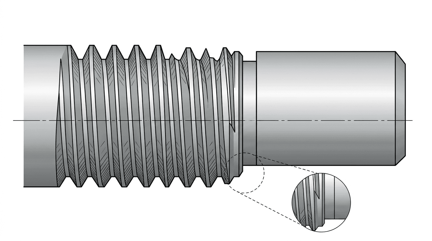 Close-up of a threaded shaft showing a thread relief groove at the end of the threaded section