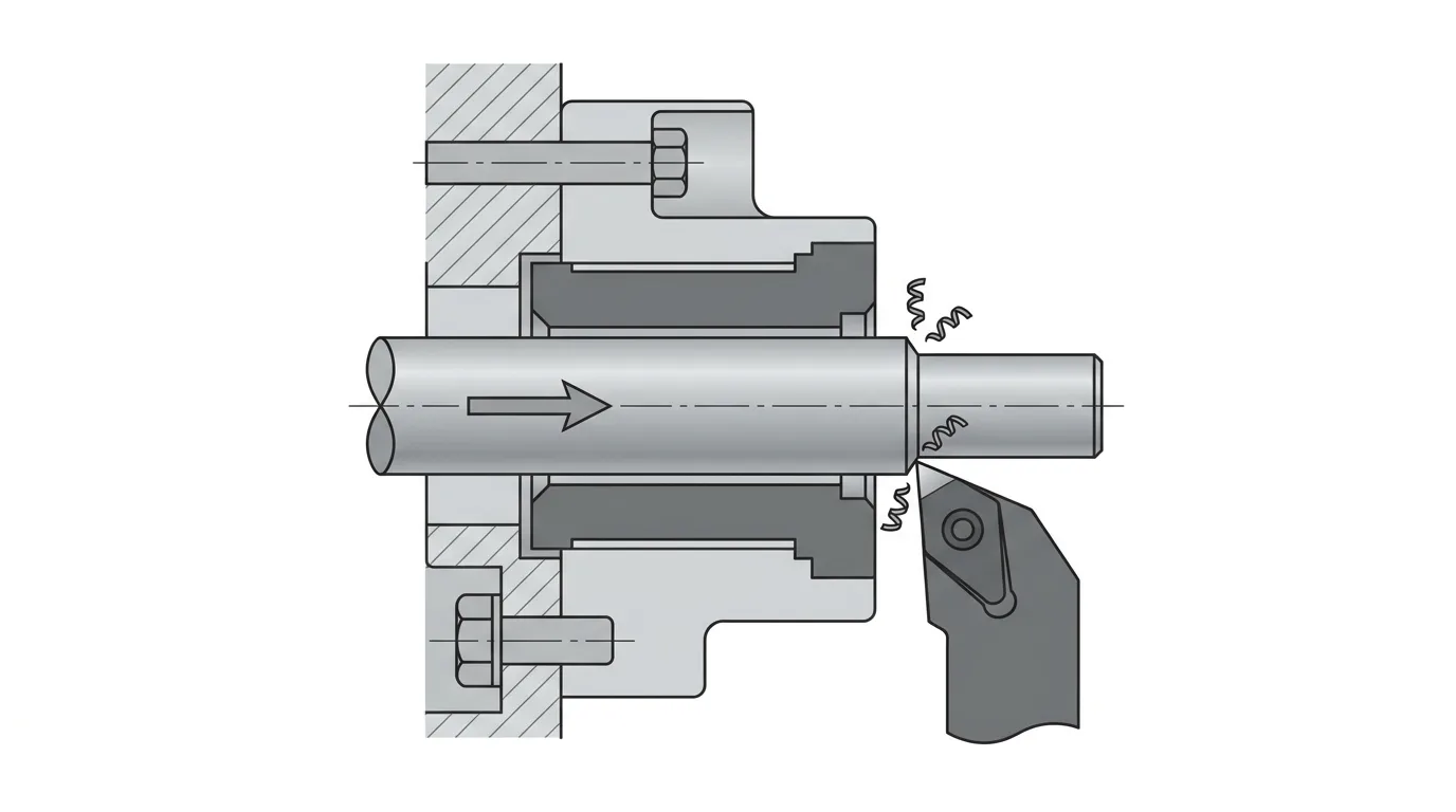 Schematic cross-section of bar stock passing through a Swiss lathe guide bushing with the cutting tool just beyond the bushing