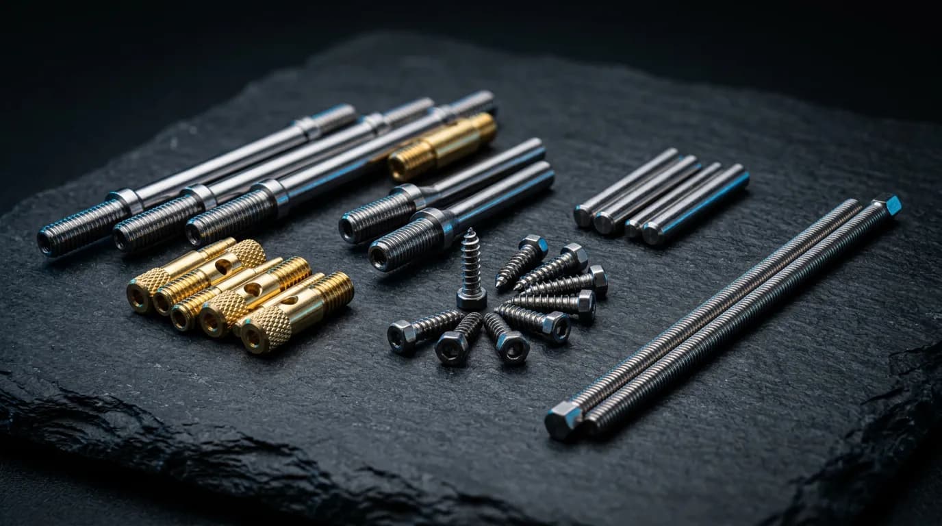 Precision Swiss-turned parts including stainless steel shafts, brass connector pins, titanium bone screws, and threaded components arranged on a dark slate surface