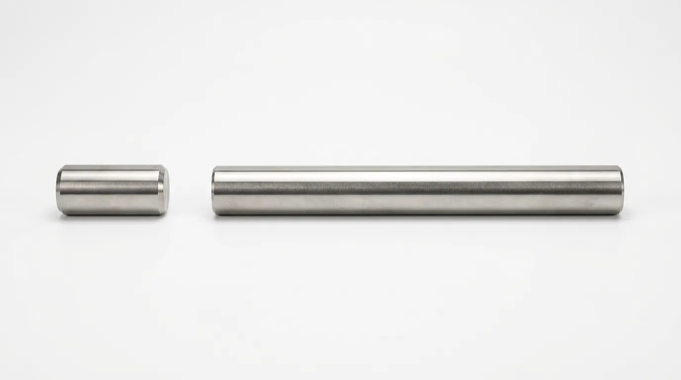 Two turned parts side by side: short stubby cylinder (low L/D) versus long slender shaft (high L/D), same diameter