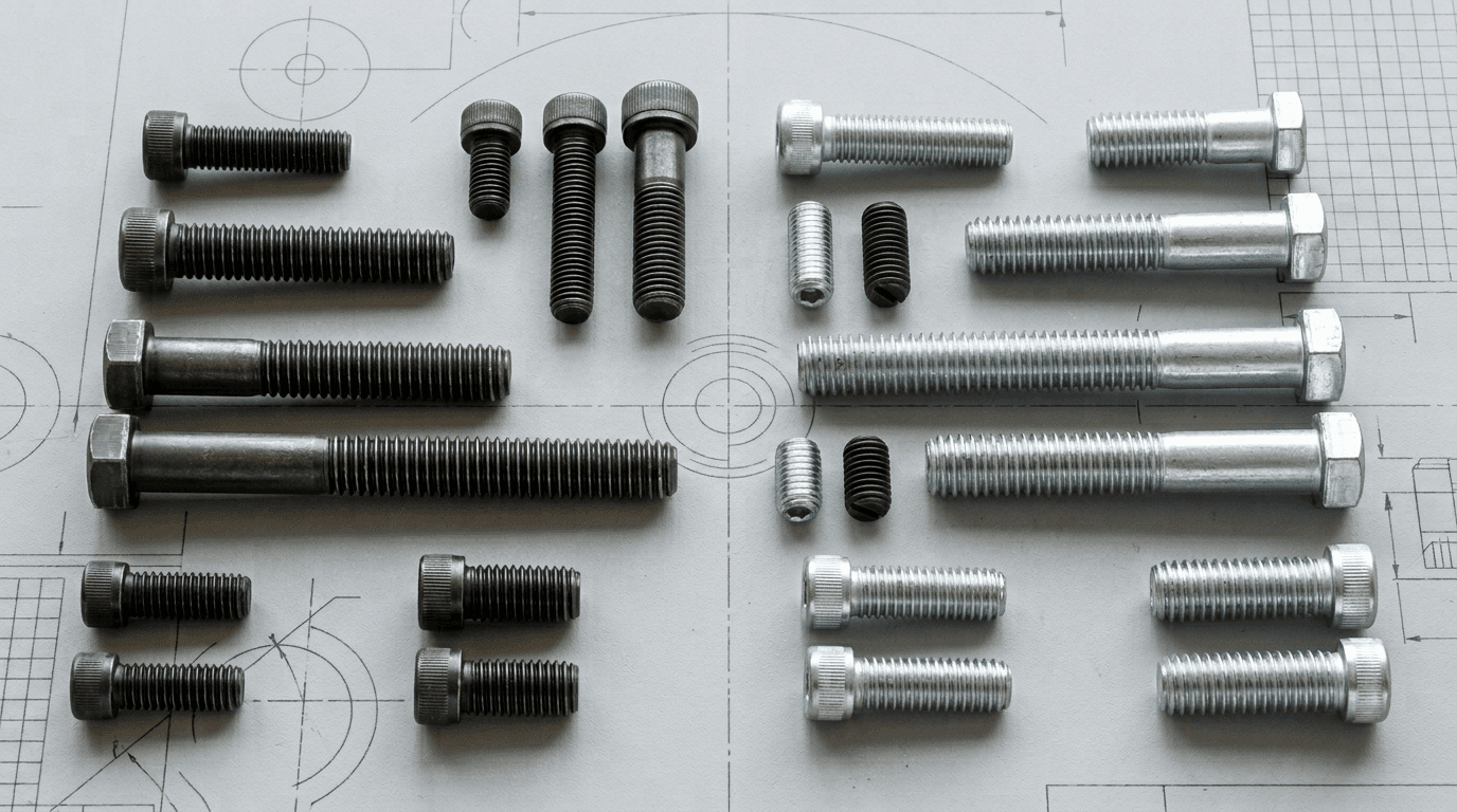 Assortment of metric and imperial screws and bolts showing different thread standards (UNC, UNF, metric) for CNC part design.