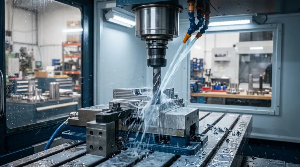 CNC milling titanium and stainless steel — lower SFM and high-pressure coolant required for Ti-6Al-4V.