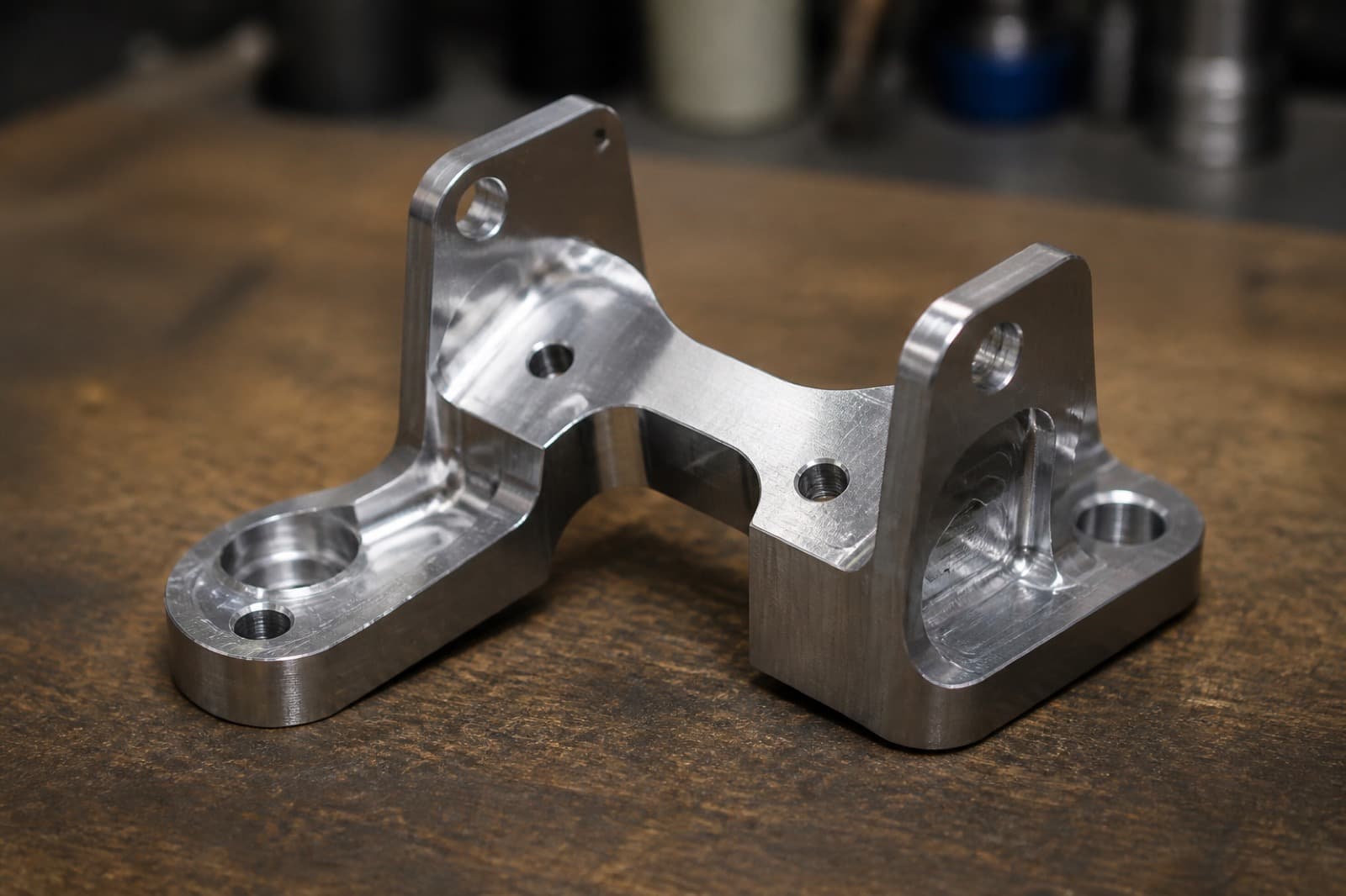 A CNC machined steel bracket with pockets and fillets on a clean workbench.