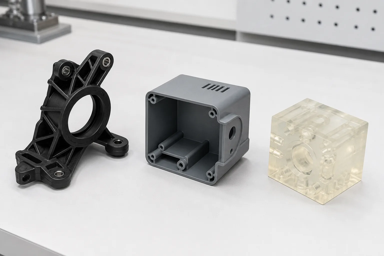 Automotive bracket, gray electronics housing, and translucent inspection block prototypes on a clean bench