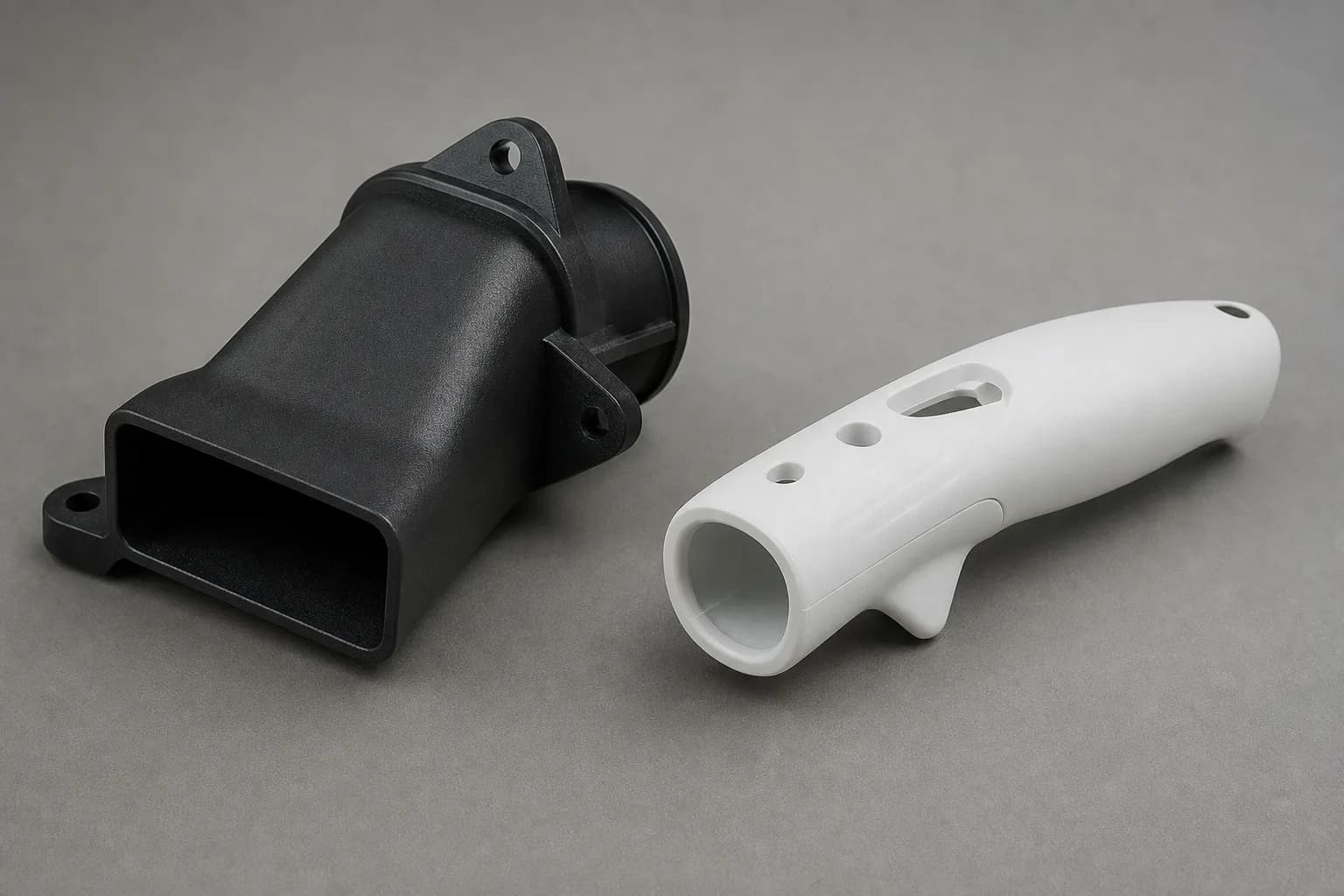 Black automotive duct prototype and white medical-device ergonomic handle prototype on a gray bench