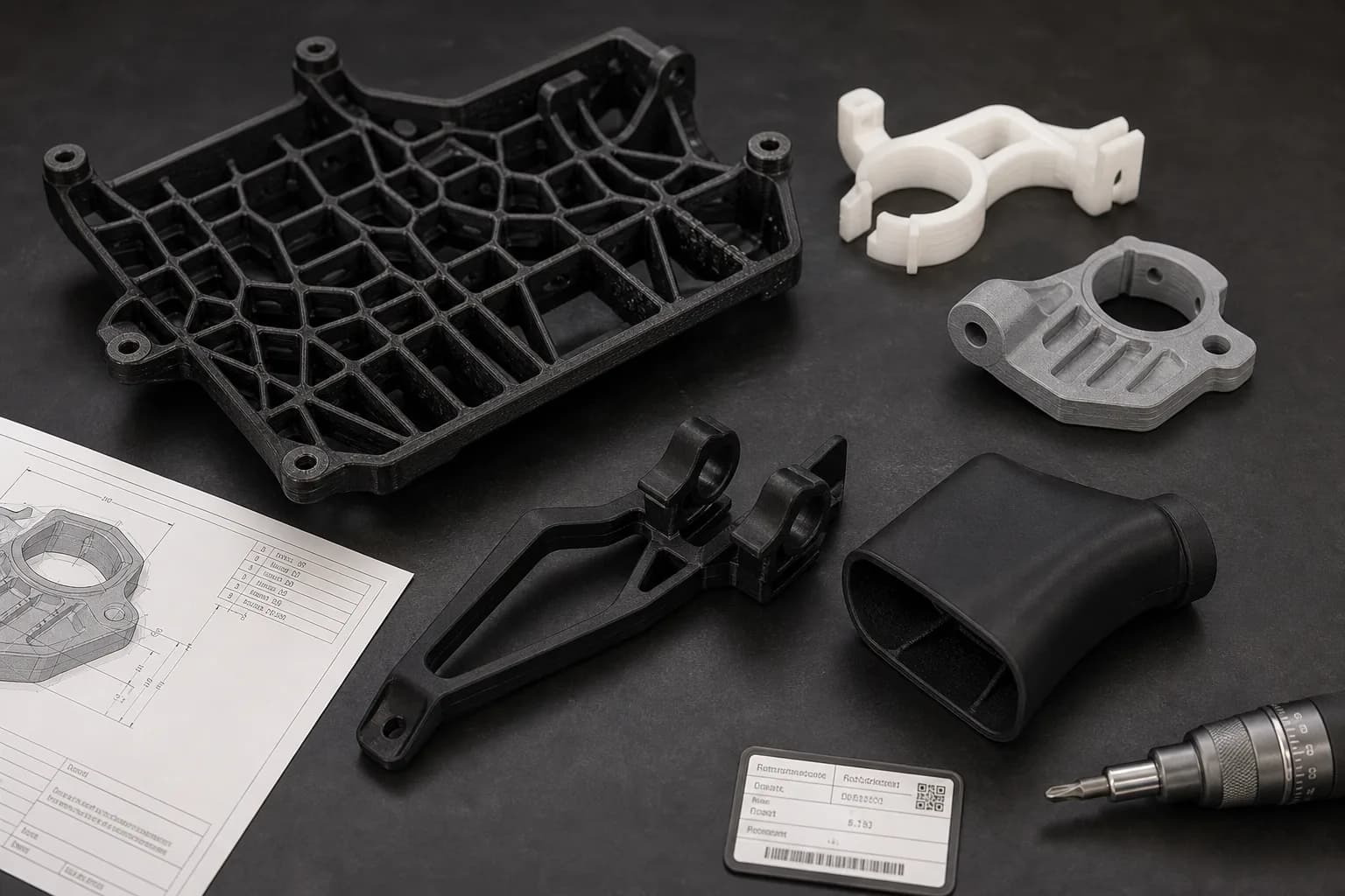 Automotive lightweight 3D printed brackets, duct, sensor mount, and routing clips on a workbench
