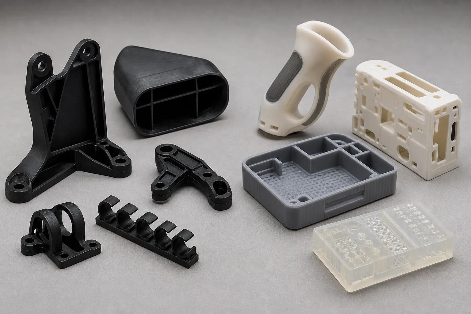 Mixed automotive and medical-device 3D printed prototype parts arranged on a bench