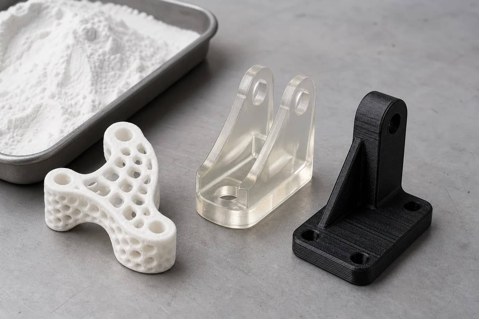 Mixed SLA, SLS, and FDM 3D printed material samples on a workbench