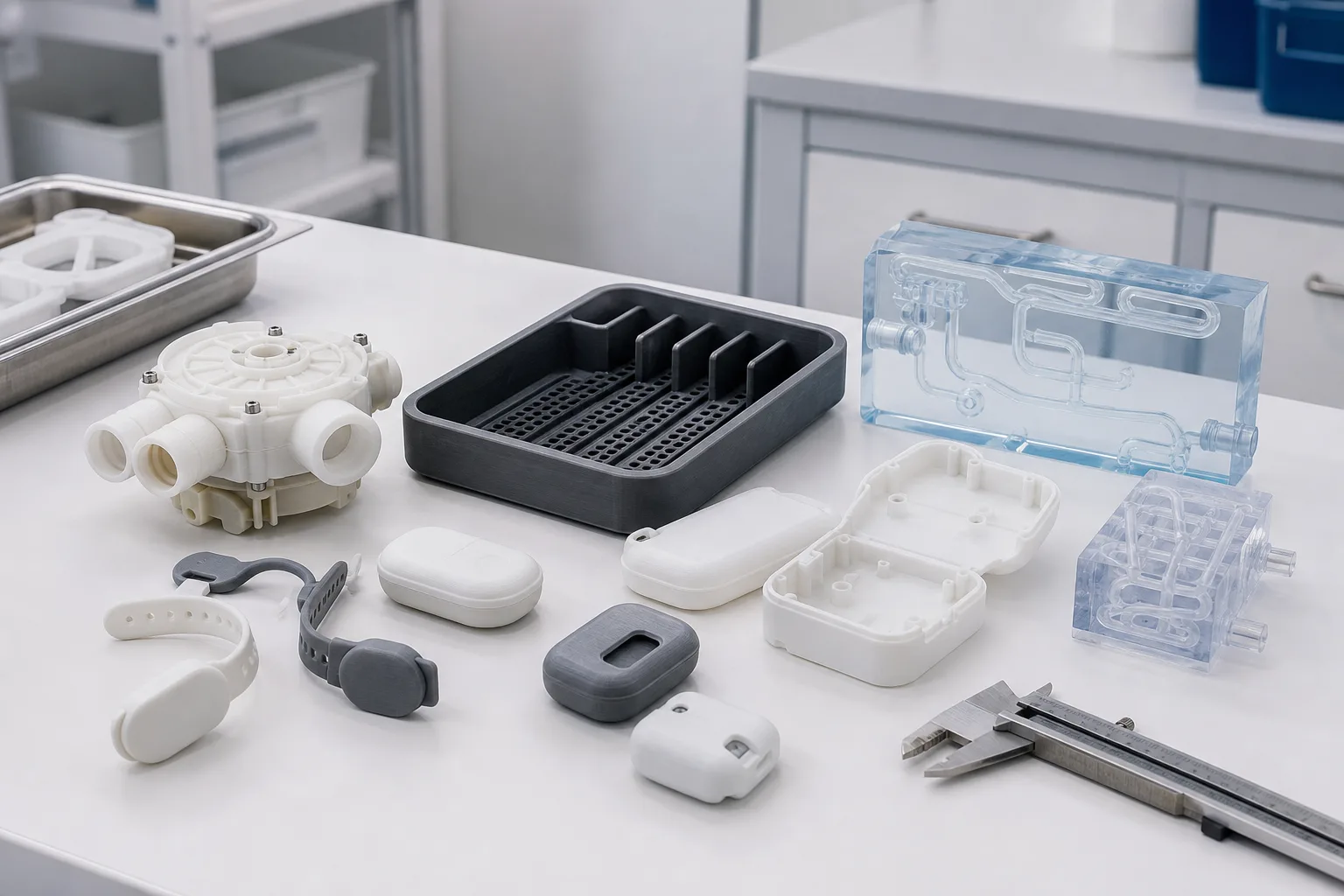 Medical-device prototype sensor enclosures, pump housing, tray insert, and test parts on a clean bench
