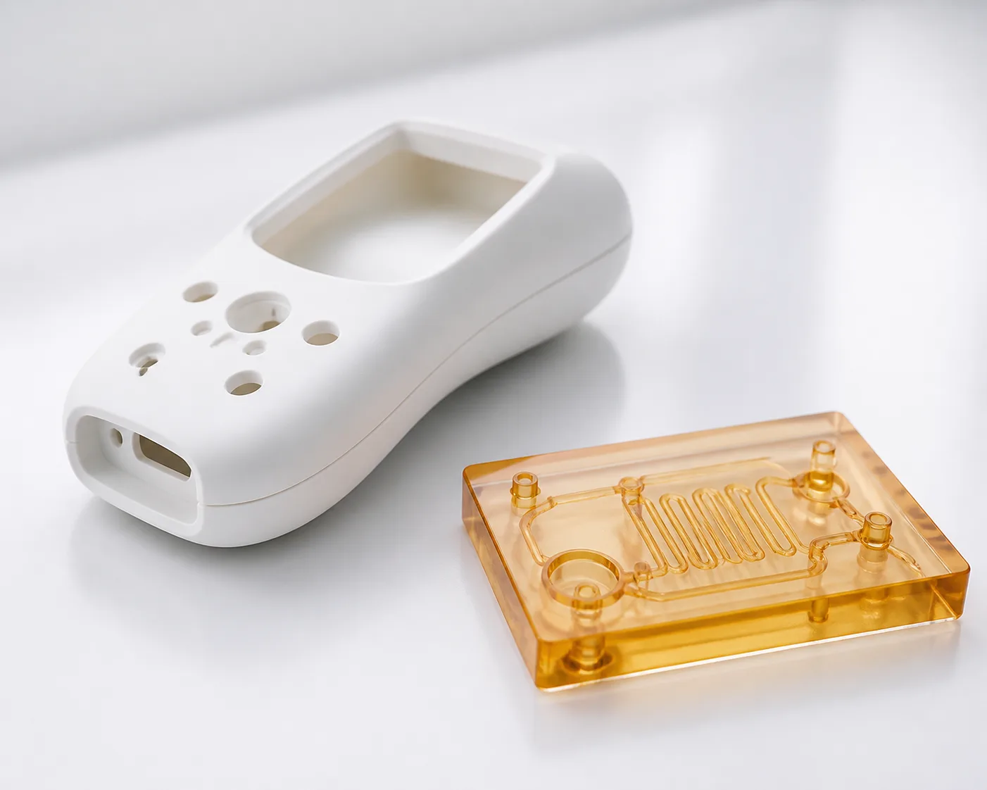 White handheld enclosure prototype beside a transparent amber SLA fluid-path demonstration block