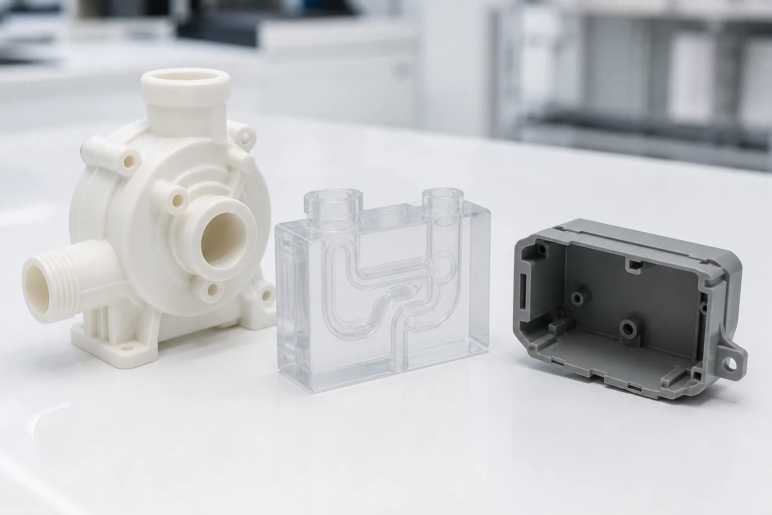 Medical-device pump housing, translucent fluid-path demonstration block, and electronics enclosure prototypes on a clean bench
