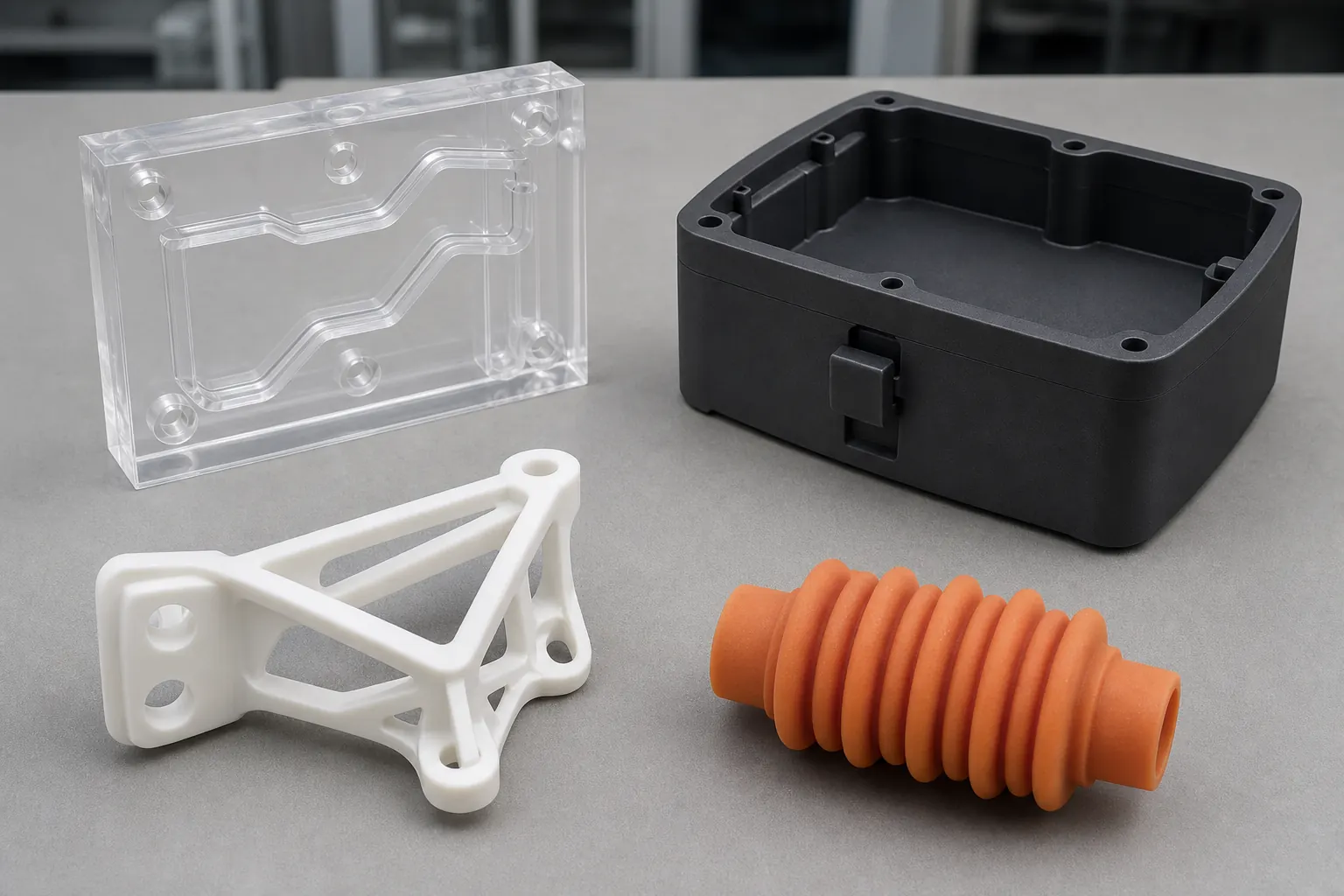 Clear flow block, black enclosure, white bracket, and orange flexible bellows representing SLA resin families