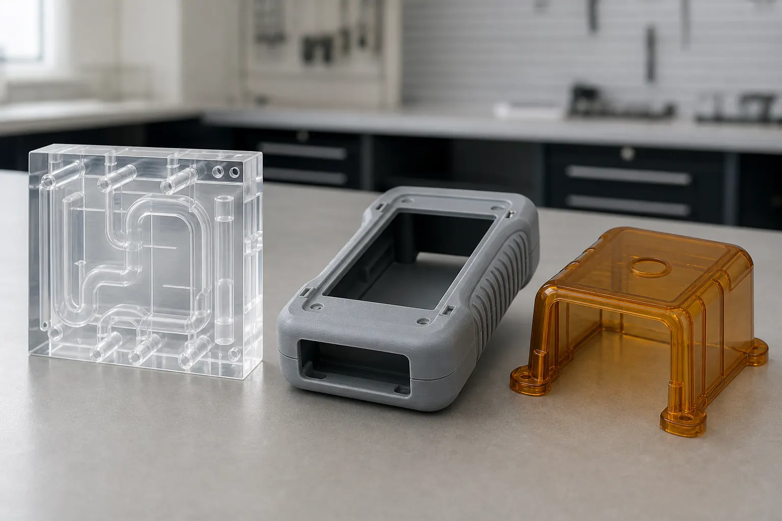 Clear fluid-channel block, gray handheld enclosure, and amber SLA resin cover