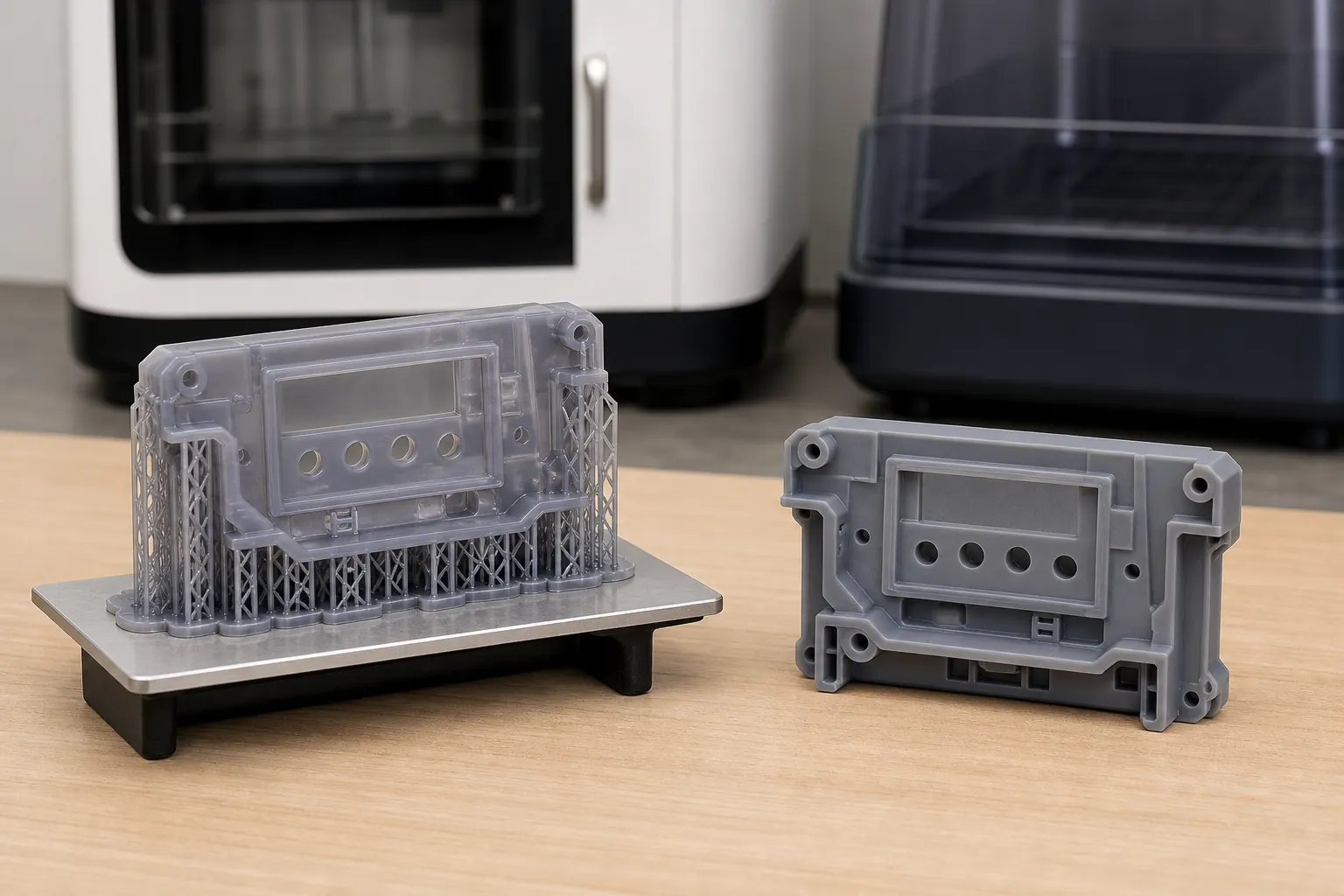 Matching gray SLA electronics housing shown with print supports and after support removal and finishing