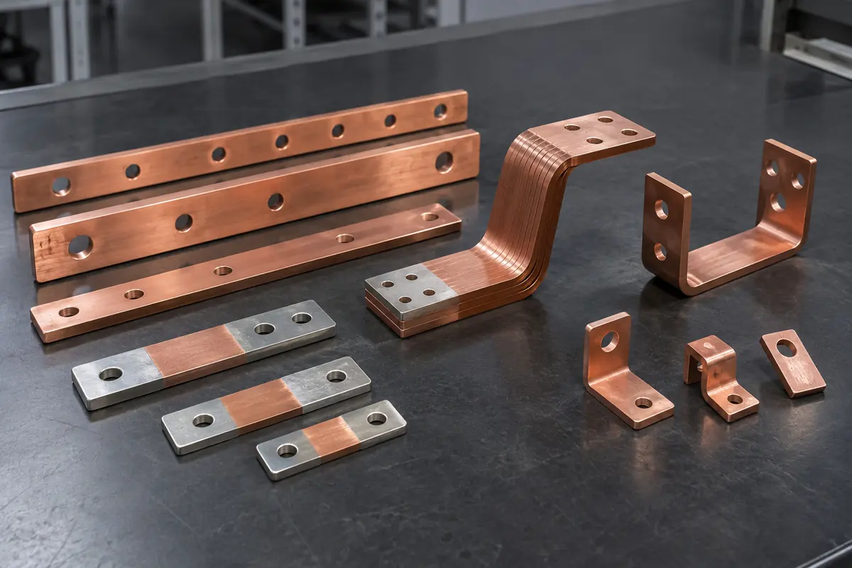formed copper busbar components arranged for dimensional review