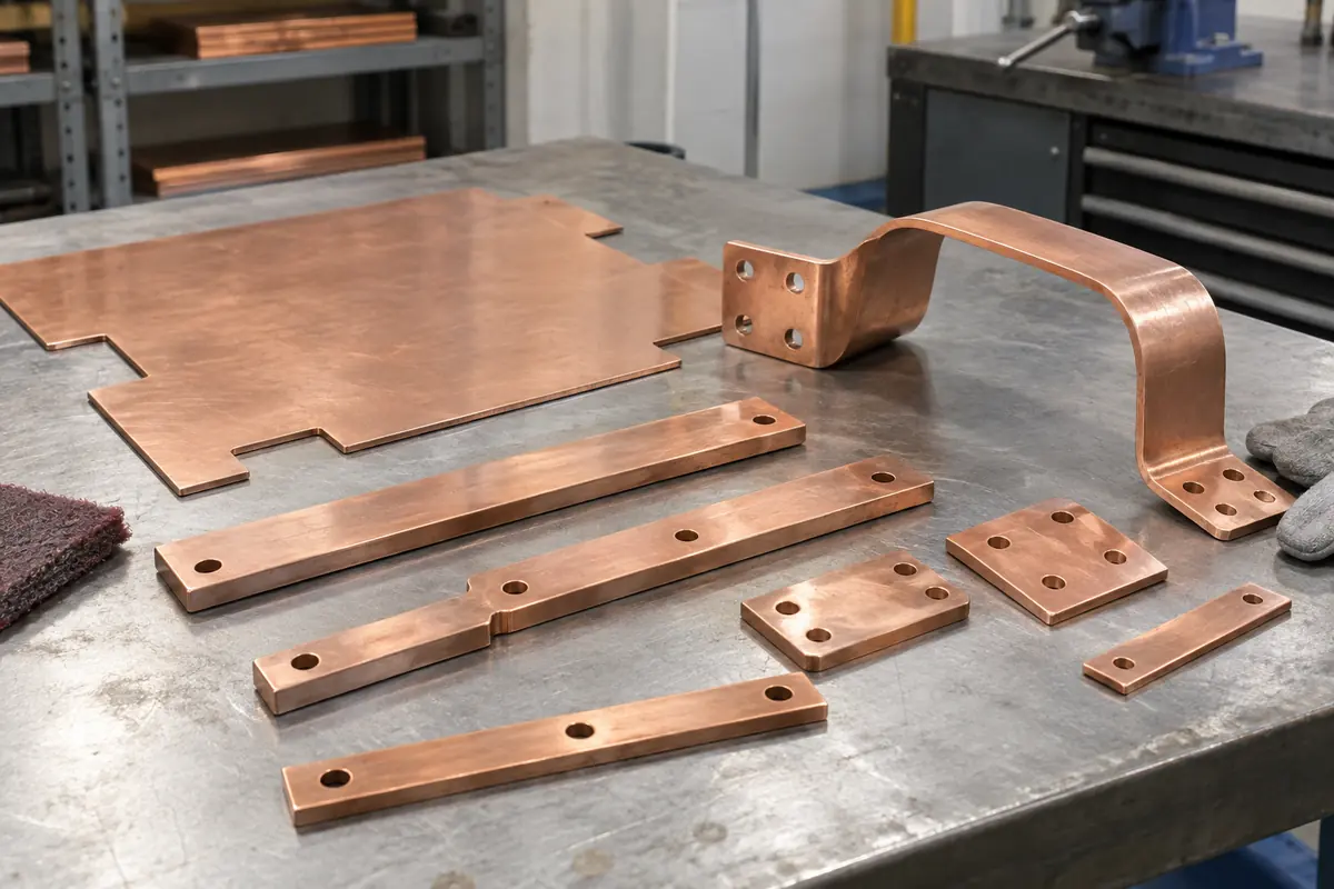 formed copper bars organized by cutting, holemaking, and bending stage