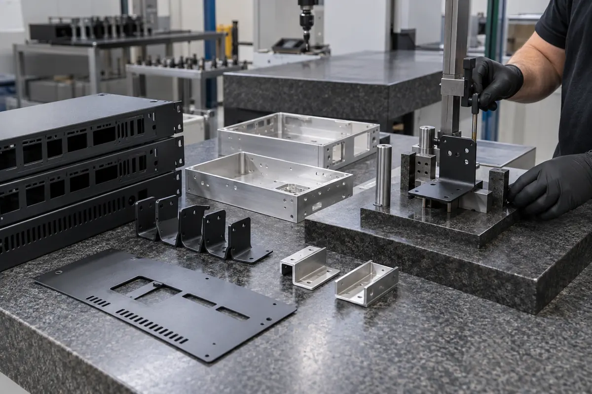 sheet metal bracket positioned for dimensional inspection