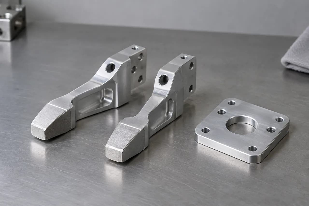 Two machined gripper fingers with recessed pockets and mounting holes beside an adapter plate