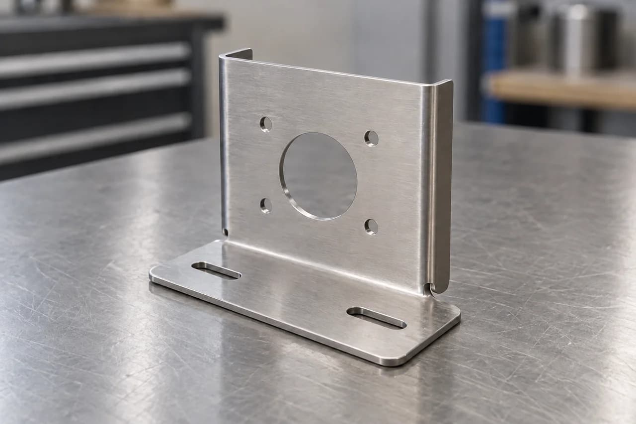 Formed sheet-metal bracket with a circular opening, four face holes and two slotted base holes