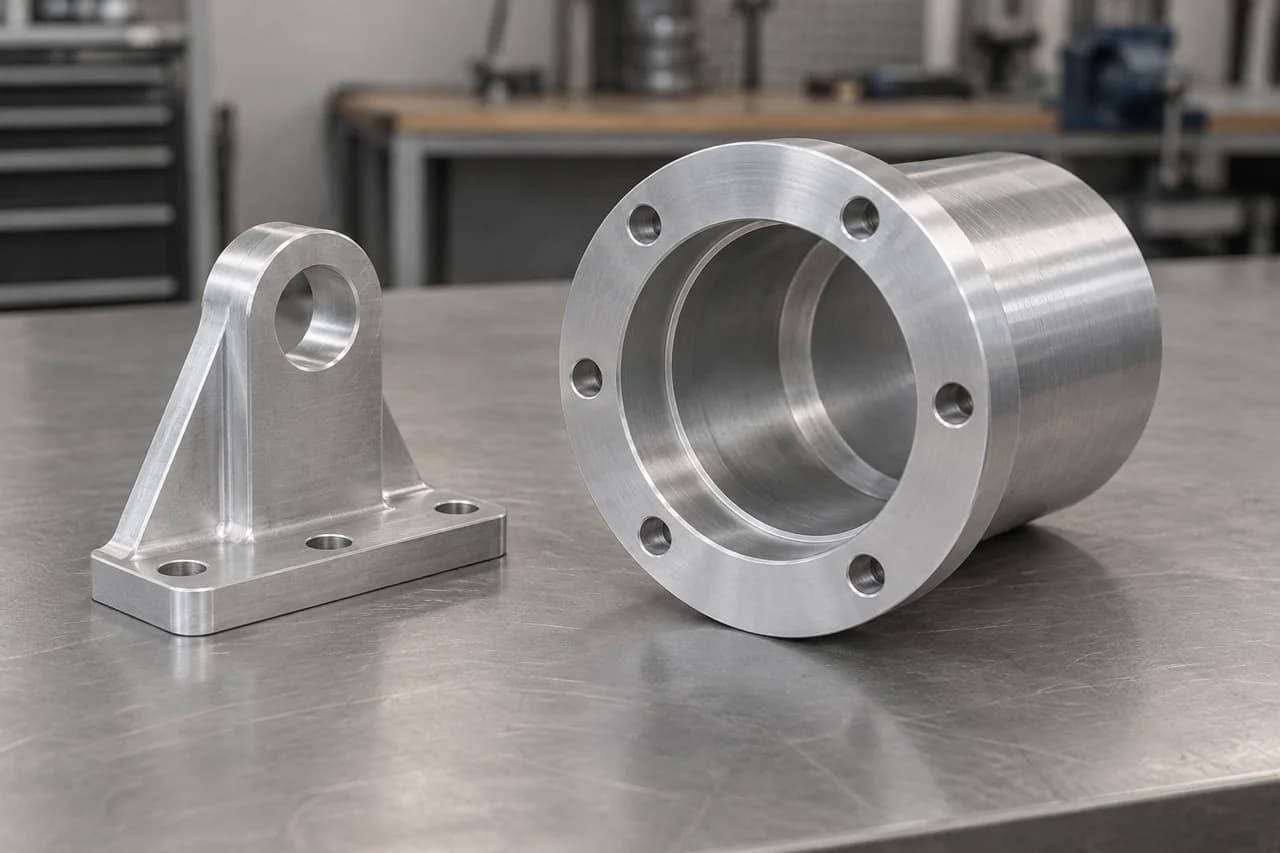 Machined housing with a stepped bore and six flange holes beside a mounting bracket