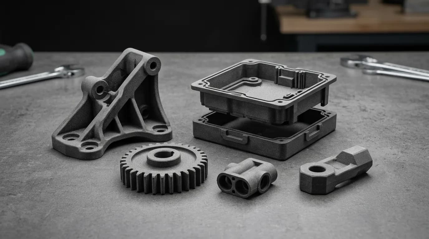 Production-grade MJF 3D printed parts on a workbench