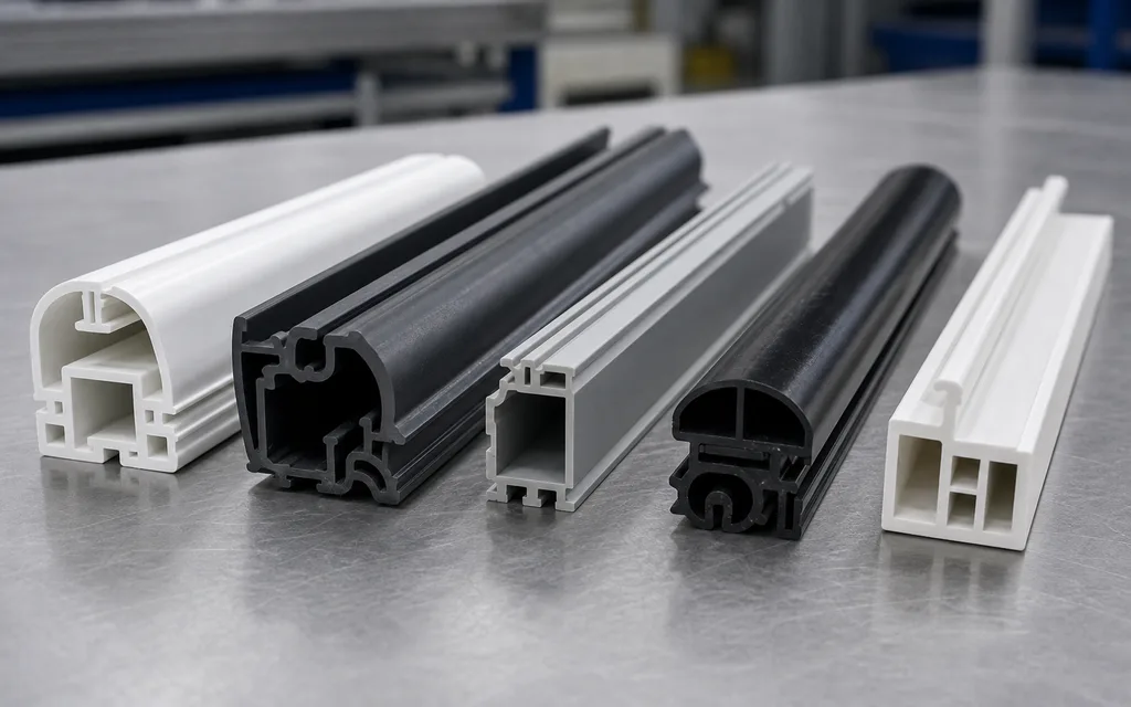 Plastic extrusion profiles with visible cross sections on an inspection bench