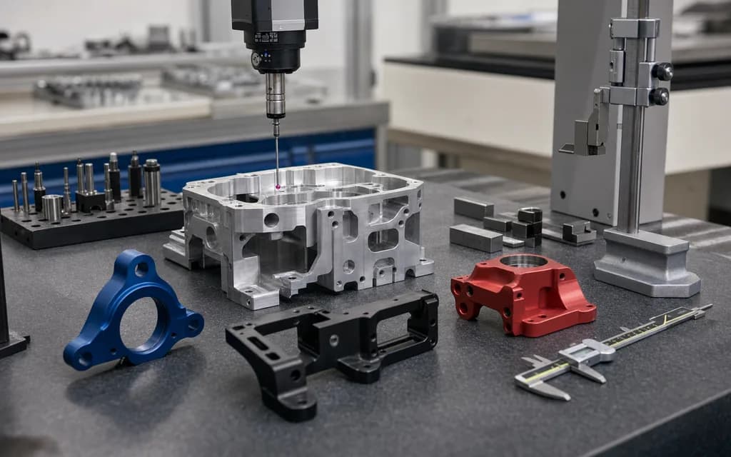 Finished metal parts arranged on an inspection bench with a CMM probe and calipers