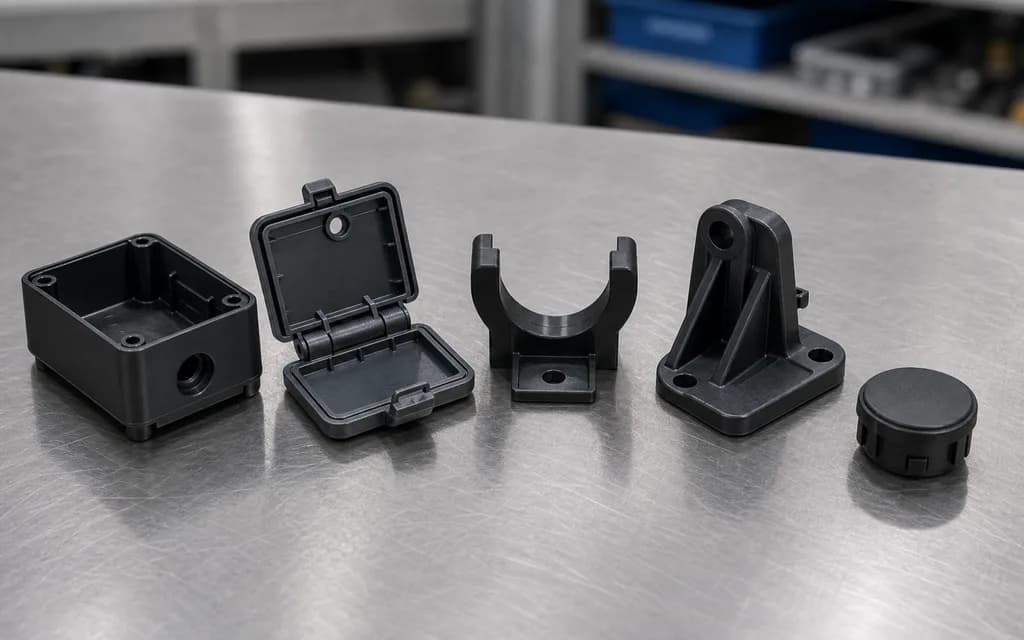 Five injection molded plastic parts arranged on a manufacturing bench