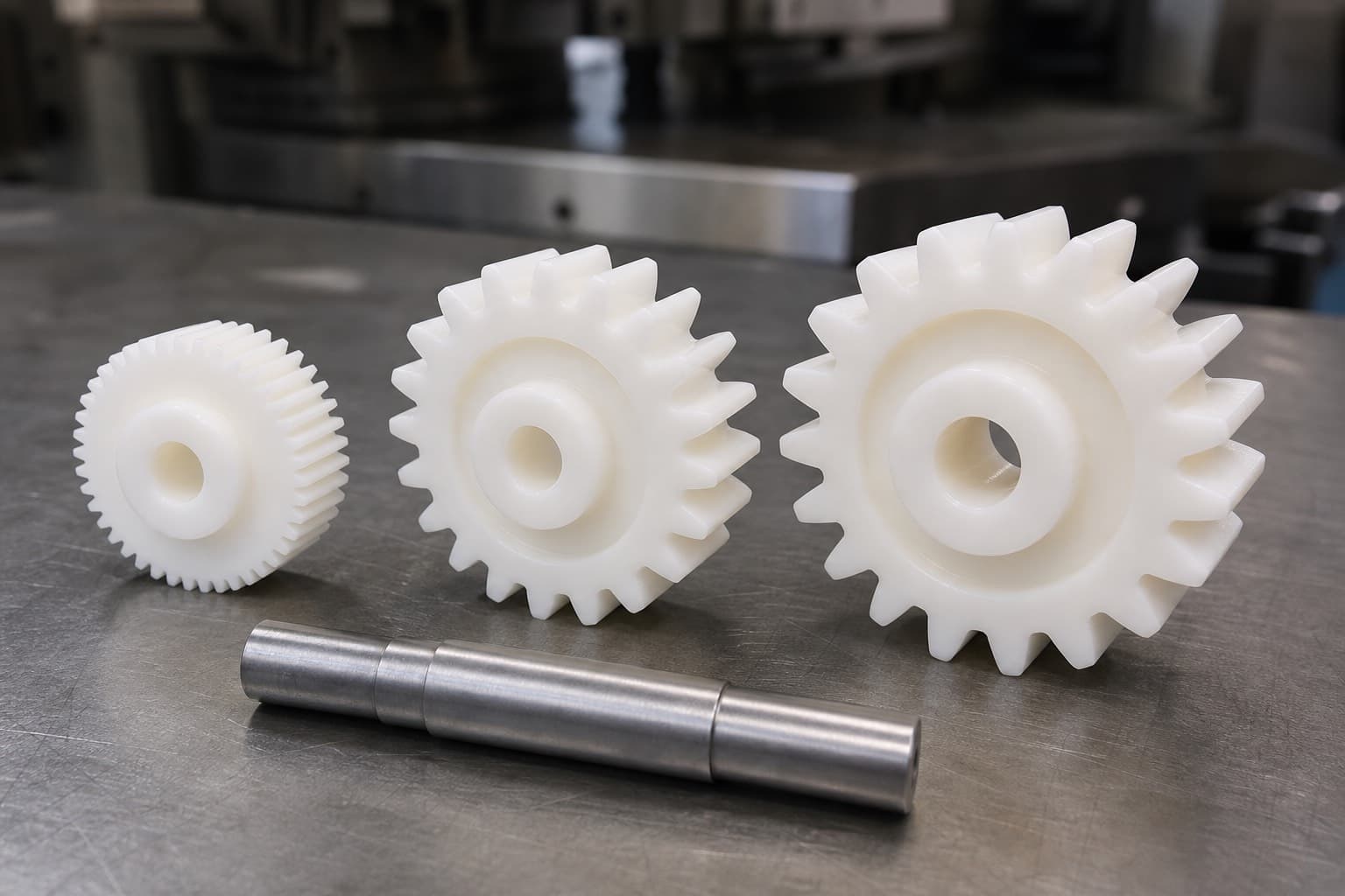 Three white acetal spur gears with visibly different tooth pitch arranged beside a steel shaft blank on a metal workbench.