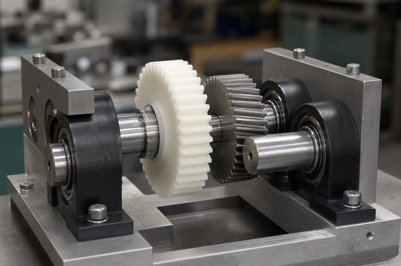 White acetal gear and steel mating gear mounted on two parallel shafts in a small open test fixture.