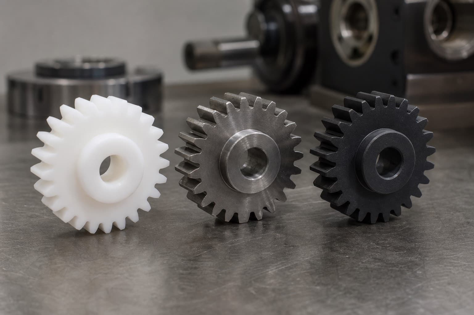 White acetal gear, machined steel gear, and dark filled acetal gear arranged as separate loose parts on a metal workbench.
