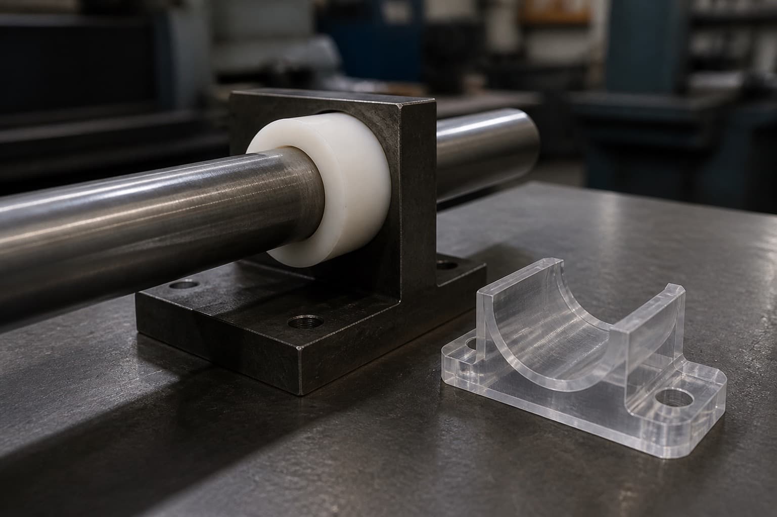 White acetal bushing running on a steel shaft with a clear polycarbonate saddle part nearby