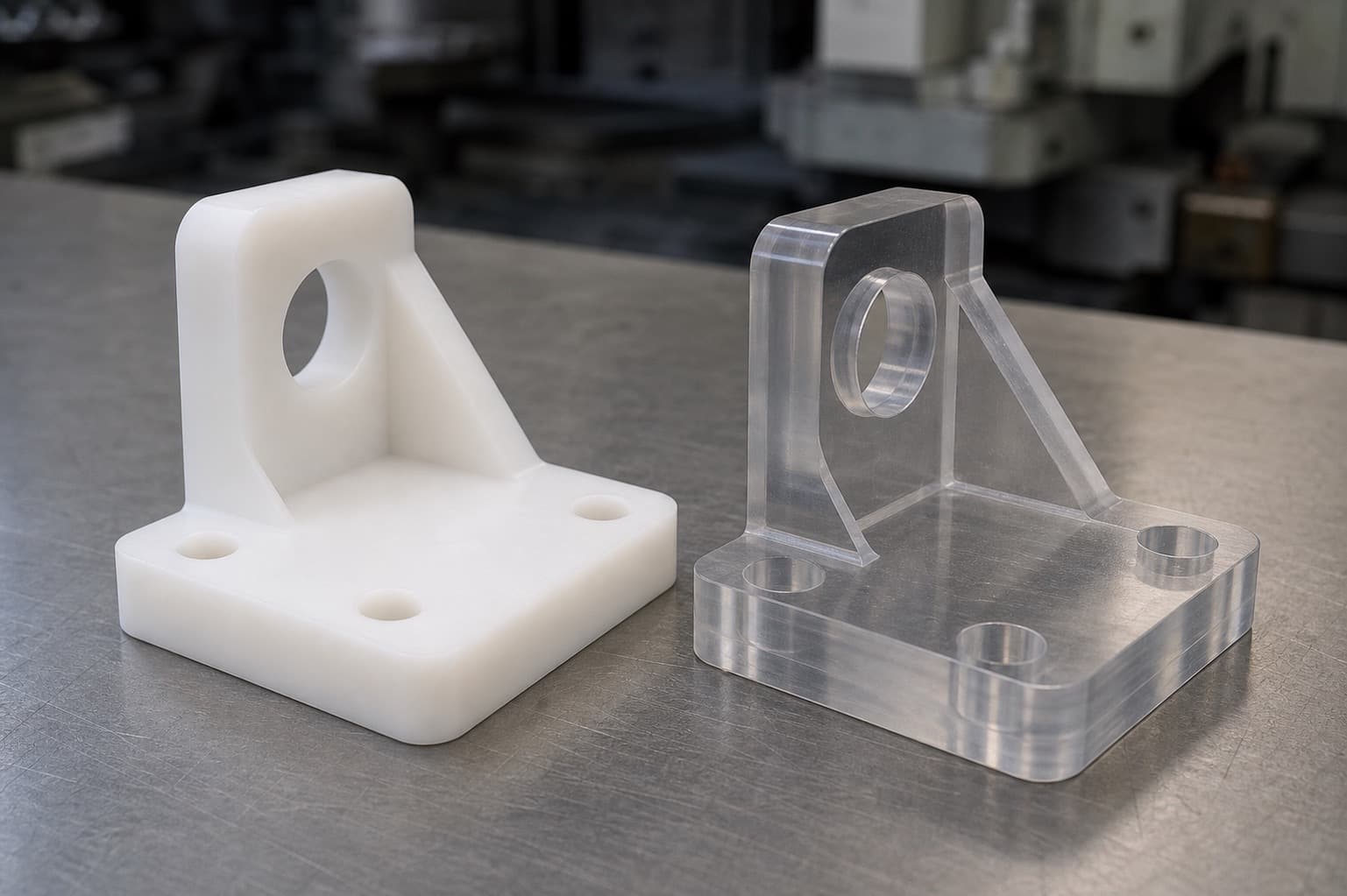 Opaque white acetal machined bracket beside a transparent polycarbonate machined bracket on a shop bench