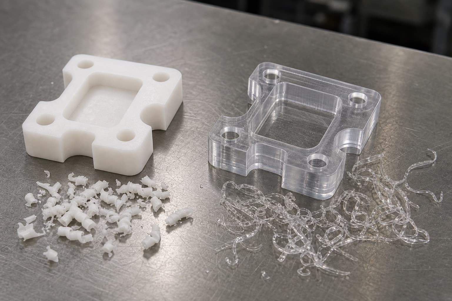 White acetal and clear polycarbonate machined plastic parts with short acetal chips and stringy polycarbonate chips