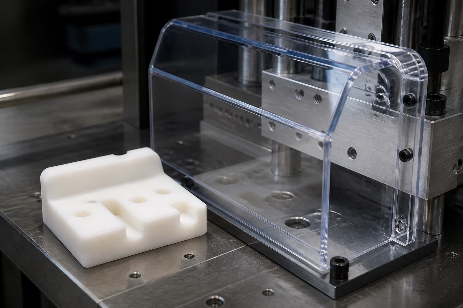 Transparent polycarbonate machine guard beside an opaque white acetal machined part