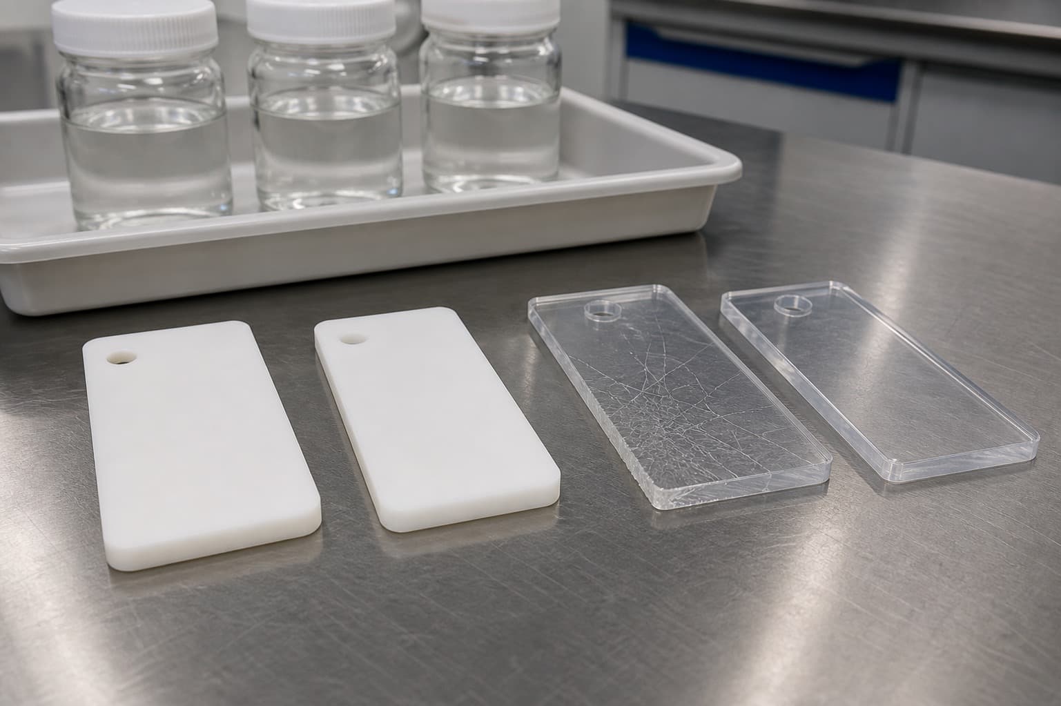 White acetal coupons and transparent polycarbonate coupons on a lab bench, with one polycarbonate coupon showing stress cracking