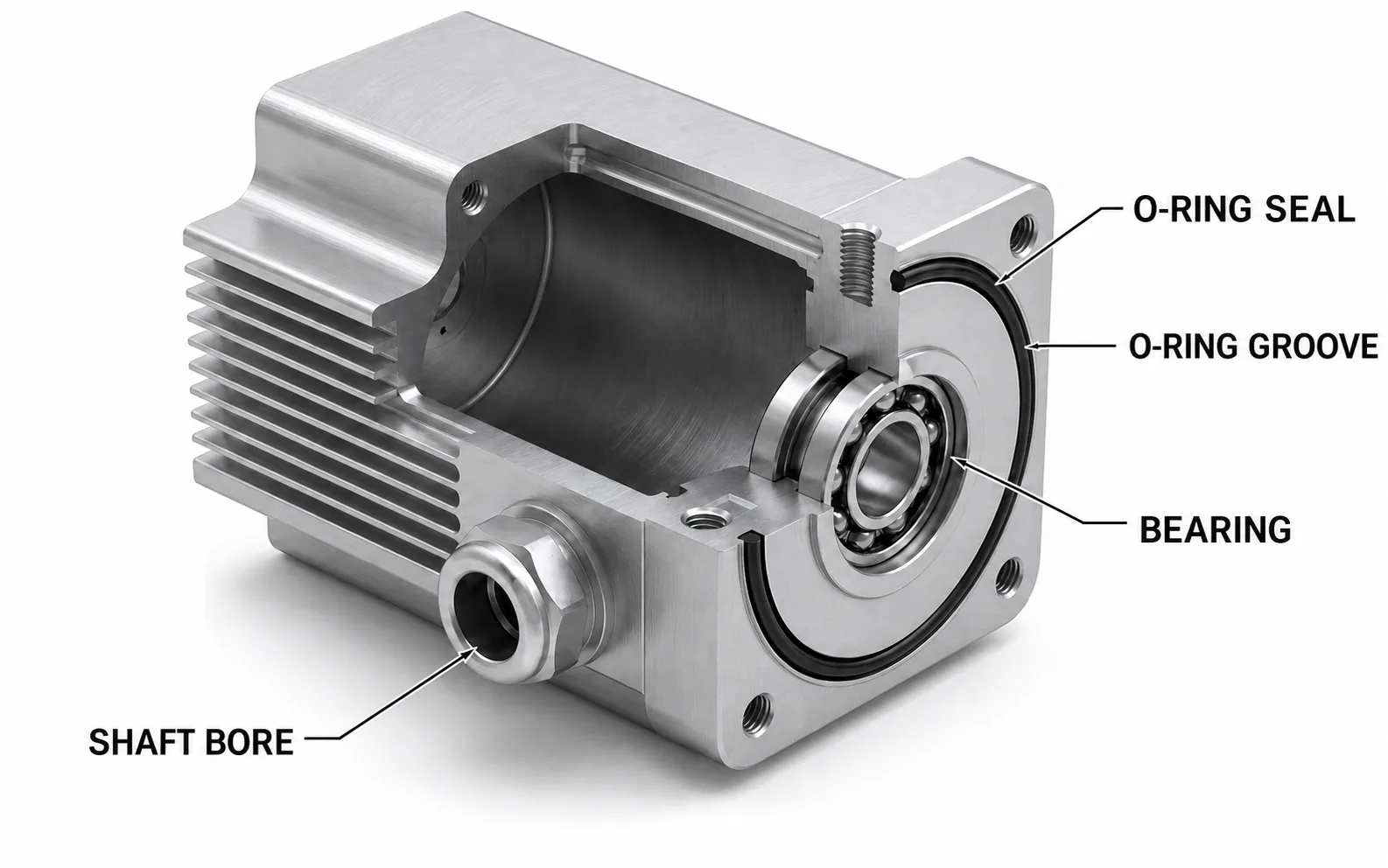 Annotated cutaway of a CNC machined actuator housing showing the O-ring seal and groove around the bearing cover, plus the bearing and shaft bore