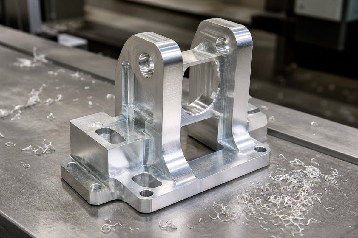 Bright aluminum CNC machined bracket with curled chips on a machine-shop bench