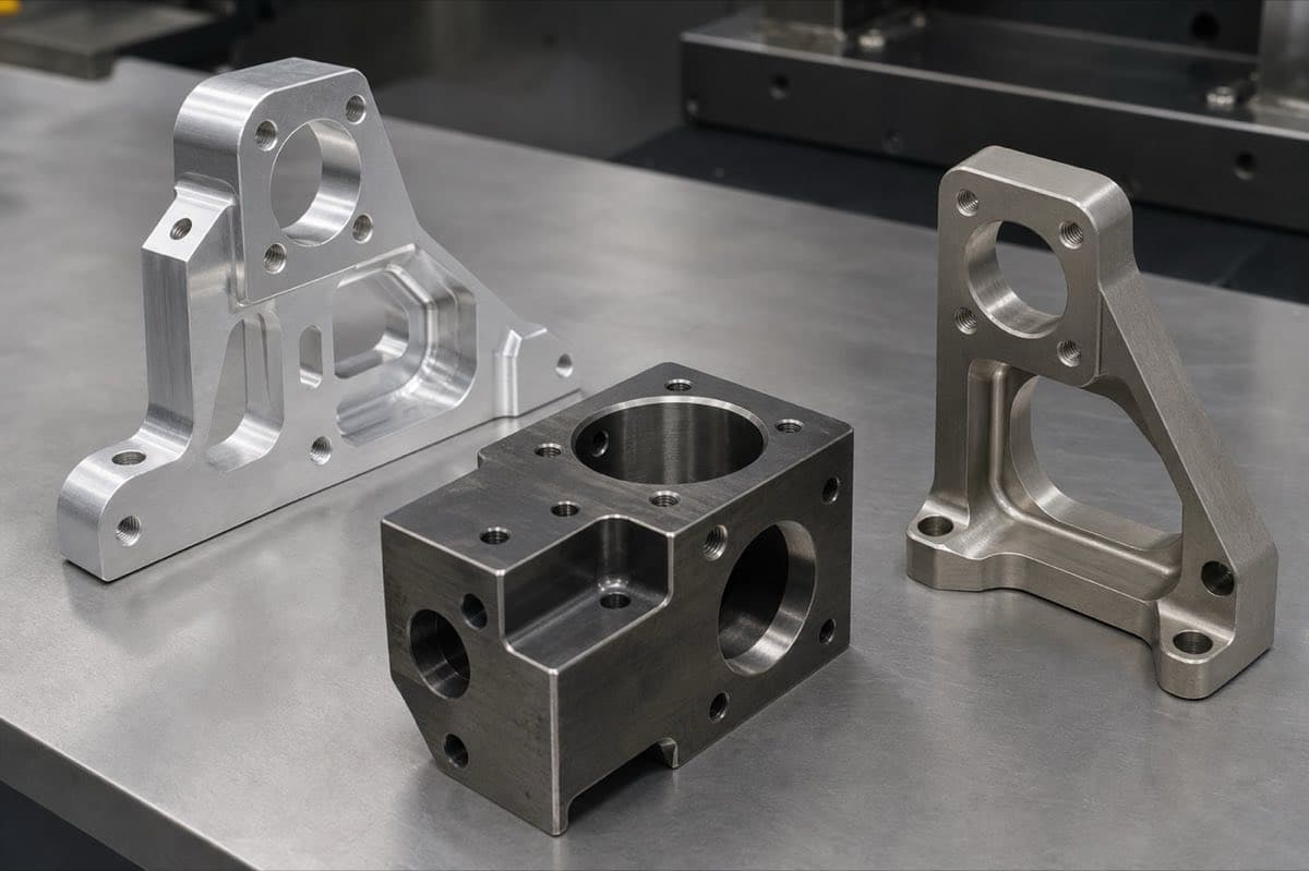 Aluminum, steel, and titanium CNC machined sample parts on a clean shop bench