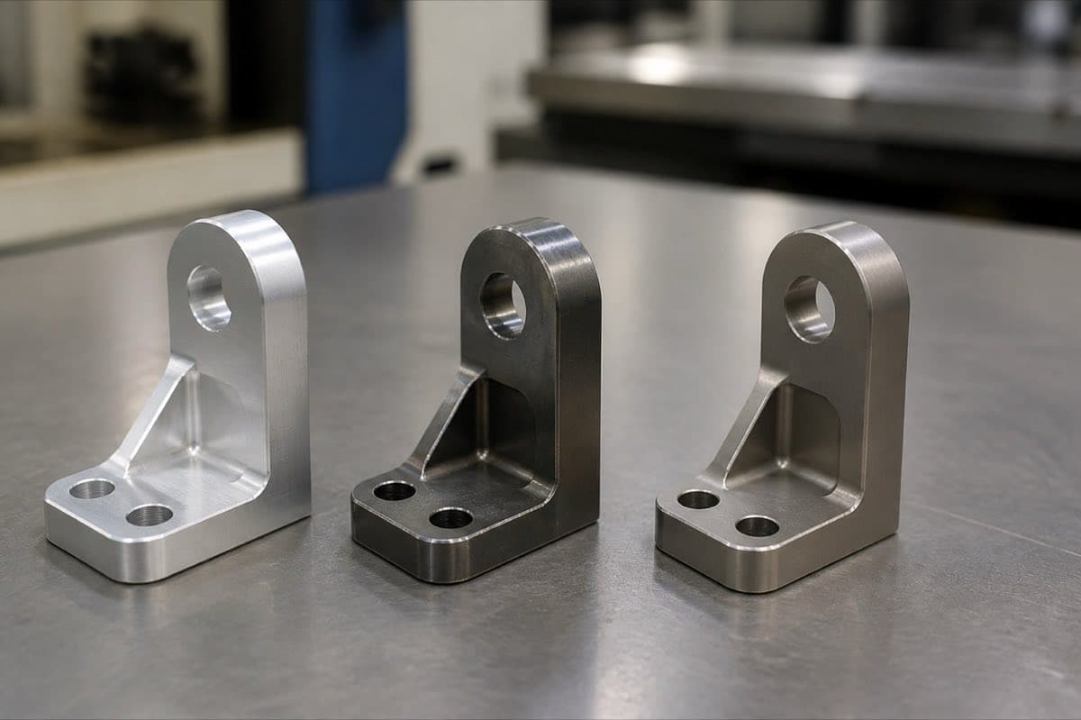 Three similar CNC machined brackets in aluminum, steel, and titanium finishes for material selection