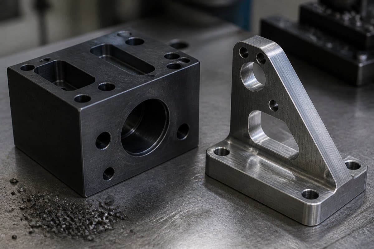 Dark steel machined block beside a stainless steel CNC bracket on a shop bench