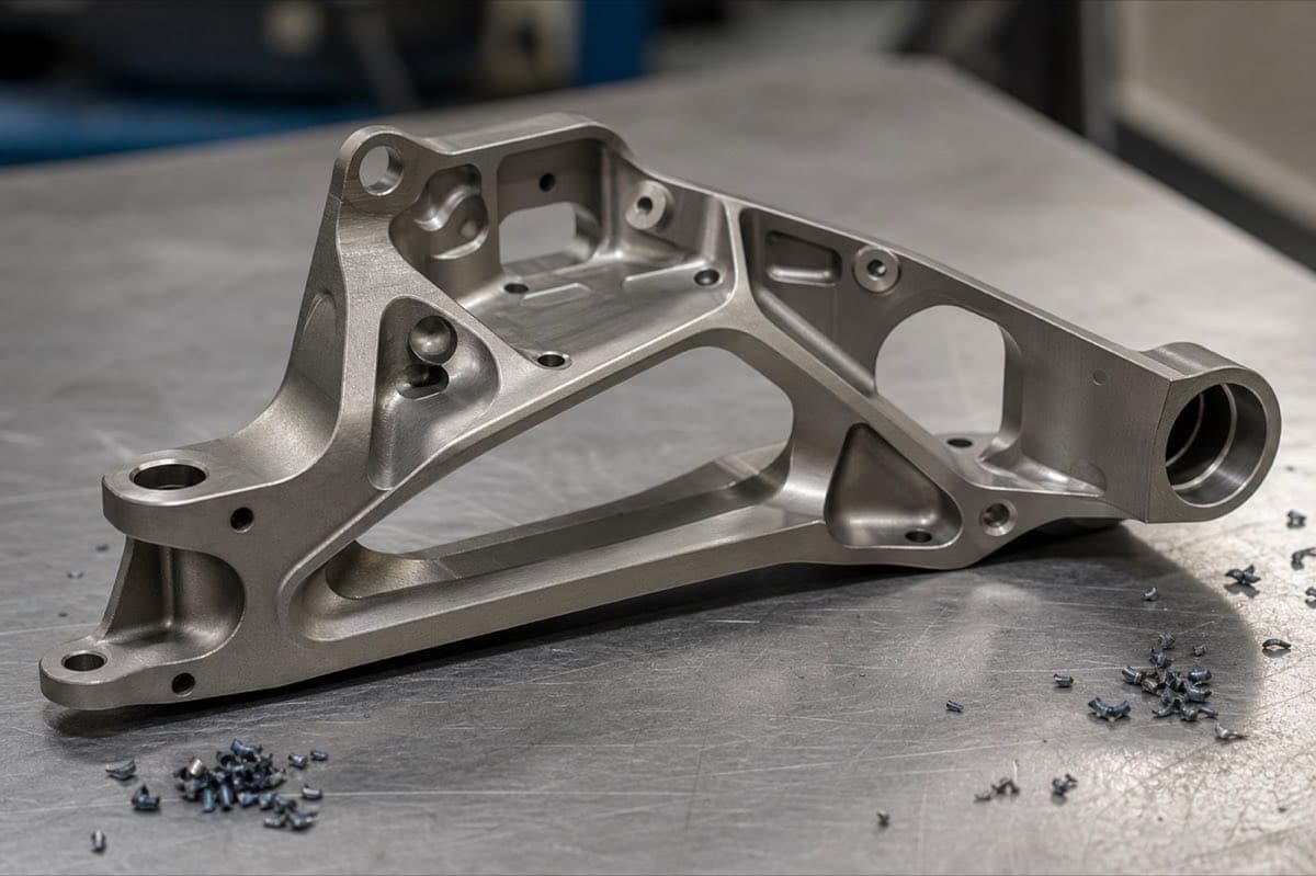 Muted gray titanium CNC machined high-strength bracket with small chips nearby