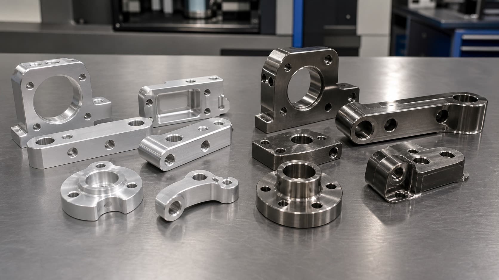 Machined aluminum and stainless steel CNC parts grouped on a shop inspection bench